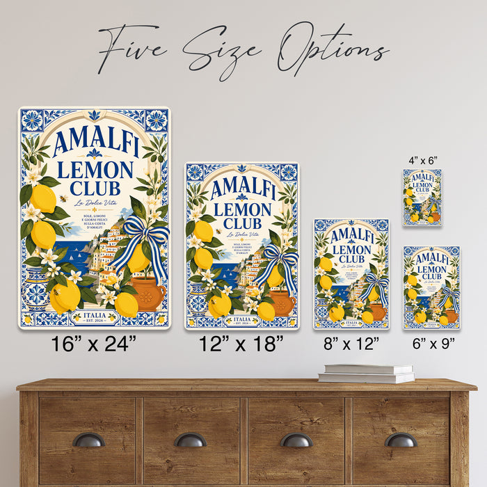 Amalfi Lemon Club La Dolce Vita metal sign with boho vintage italian coastal bar poster — Amalfi Lemon Club La Dolce Vita
