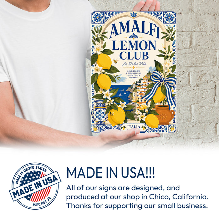 Amalfi Lemon Club La Dolce Vita metal sign with boho vintage italian coastal bar poster — Amalfi Lemon Club La Dolce Vita