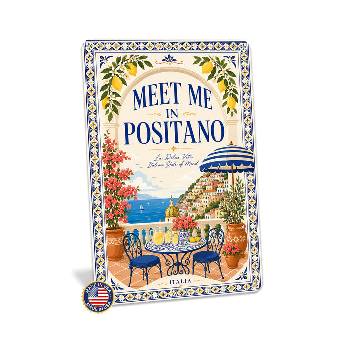Meet Me in Positano La Dolce Vita metal sign with boho vintage italian coastal bar poster — Meet Me in Positano La Dolce Vita