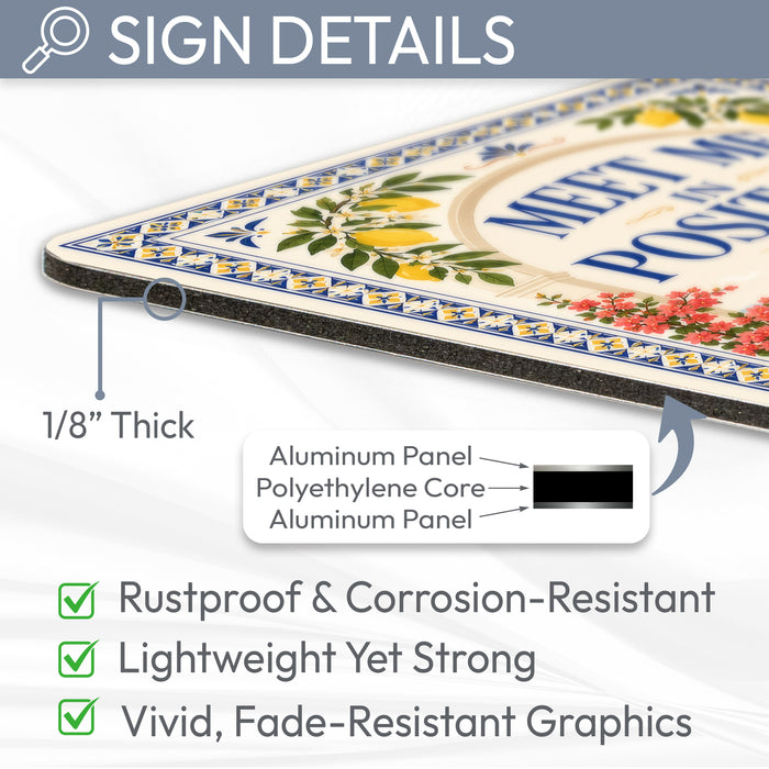 Meet Me in Positano La Dolce Vita metal sign with boho vintage italian coastal bar poster — Meet Me in Positano La Dolce Vita