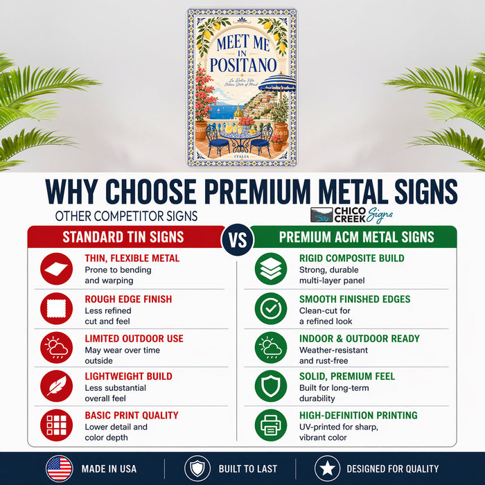 Meet Me in Positano La Dolce Vita metal sign with boho vintage italian coastal bar poster — Meet Me in Positano La Dolce Vita