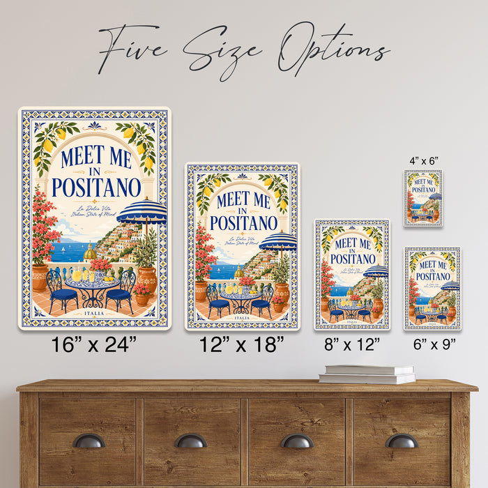 Meet Me in Positano La Dolce Vita metal sign with boho vintage italian coastal bar poster — Meet Me in Positano La Dolce Vita