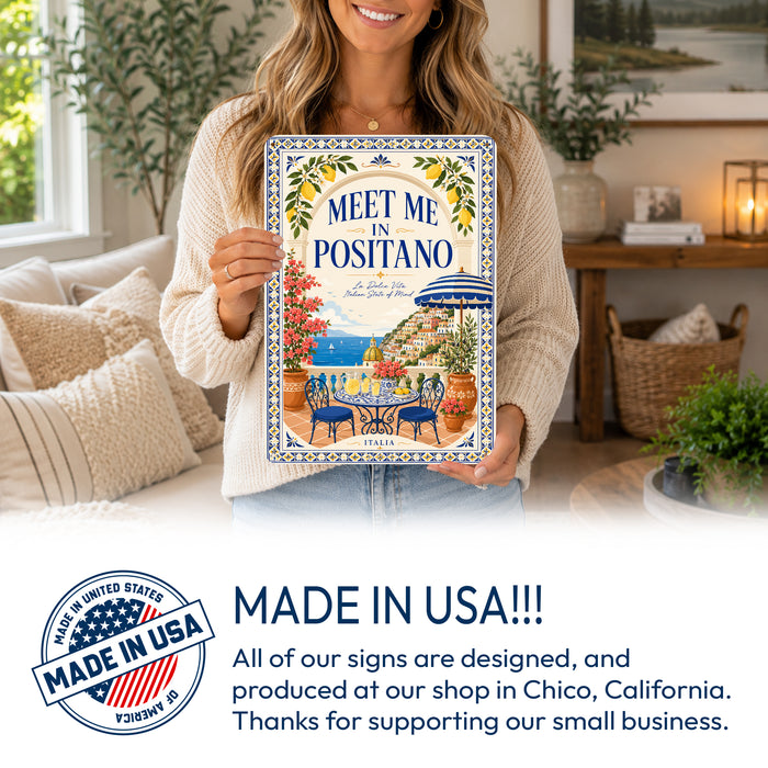Meet Me in Positano La Dolce Vita metal sign with boho vintage italian coastal bar poster — Meet Me in Positano La Dolce Vita
