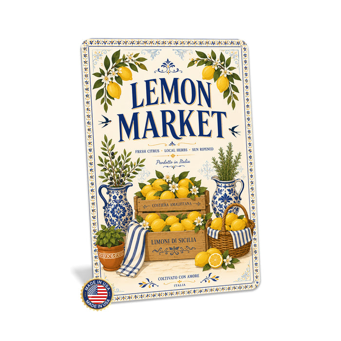 Limoncello Social Club Amalfi Coast metal sign with boho vintage italian coastal bar poster — Limoncello Social Club Amalfi