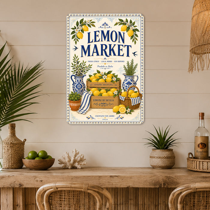Limoncello Social Club Amalfi Coast metal sign with boho vintage italian coastal bar poster — Limoncello Social Club Amalfi
