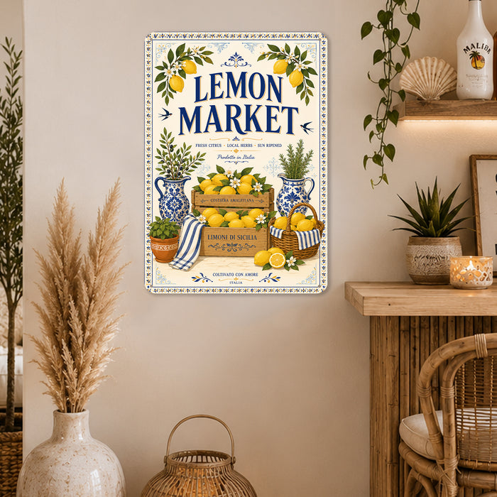 Limoncello Social Club Amalfi Coast metal sign with boho vintage italian coastal bar poster — Limoncello Social Club Amalfi
