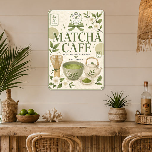 Matcha Social Club Sips of Happiness metal sign with boho vintage matcha bar poster — Matcha Social Club Sips of Happiness