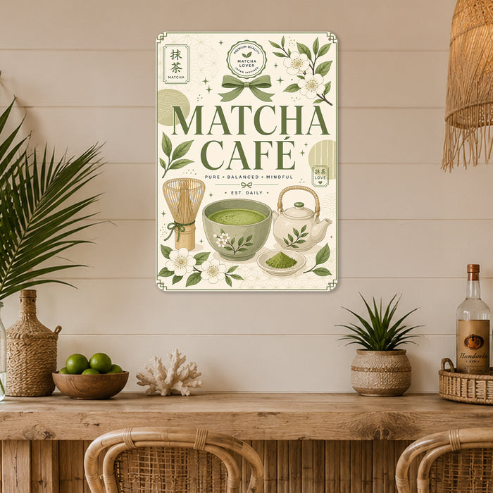 Matcha Social Club Sips of Happiness metal sign with boho vintage matcha bar poster — Matcha Social Club Sips of Happiness