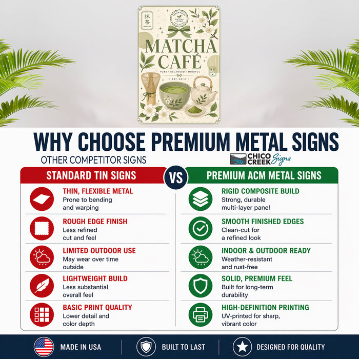 Matcha Social Club Sips of Happiness metal sign with boho vintage matcha bar poster — Matcha Social Club Sips of Happiness