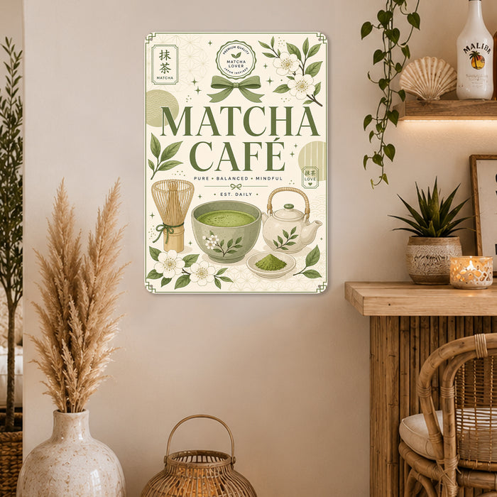 Matcha Social Club Sips of Happiness metal sign with boho vintage matcha bar poster — Matcha Social Club Sips of Happiness