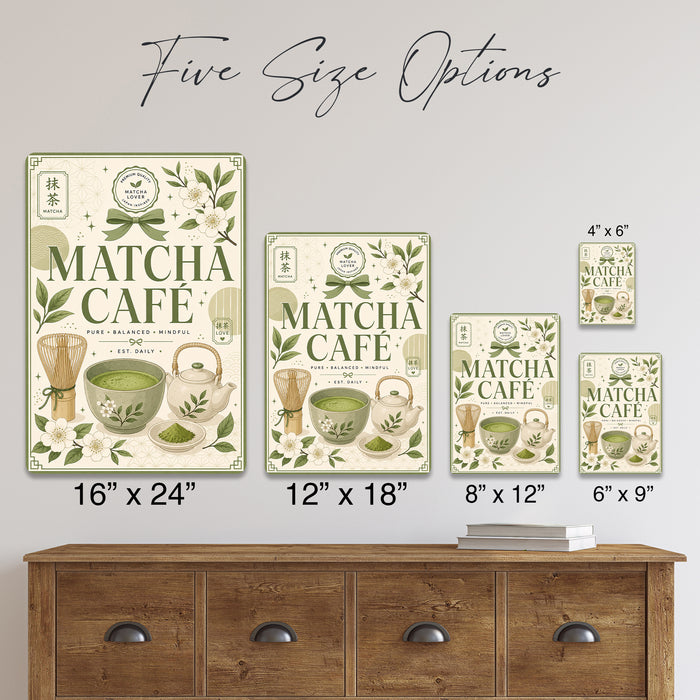 Matcha Social Club Sips of Happiness metal sign with boho vintage matcha bar poster — Matcha Social Club Sips of Happiness