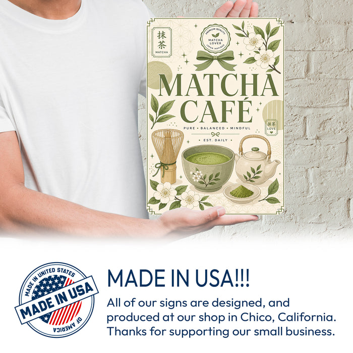 Matcha Social Club Sips of Happiness metal sign with boho vintage matcha bar poster — Matcha Social Club Sips of Happiness