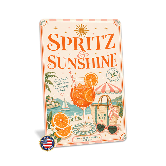 Spritz and Sunshine Beach Club Aperol metal sign with boho vintage italian aperitivo bar poster — Spritz and Sunshine Beach