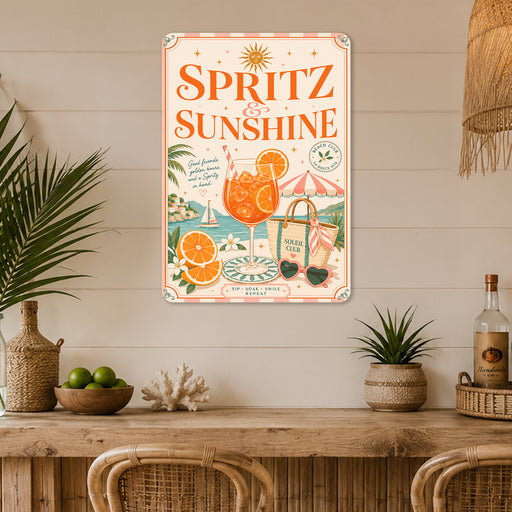 Spritz and Sunshine Beach Club Aperol metal sign with boho vintage italian aperitivo bar poster — Spritz and Sunshine Beach