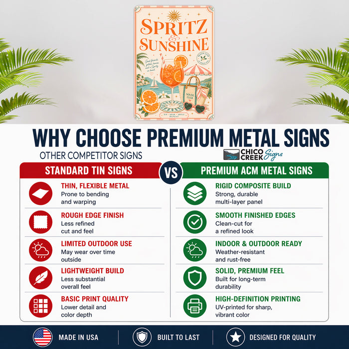Spritz and Sunshine Beach Club Aperol metal sign with boho vintage italian aperitivo bar poster — Spritz and Sunshine Beach