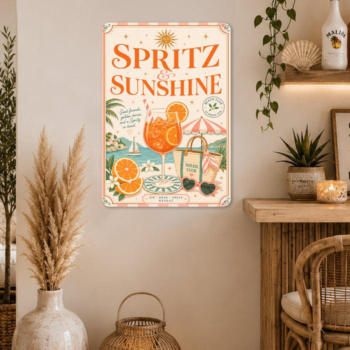 Spritz and Sunshine Beach Club Aperol metal sign with boho vintage italian aperitivo bar poster — Spritz and Sunshine Beach