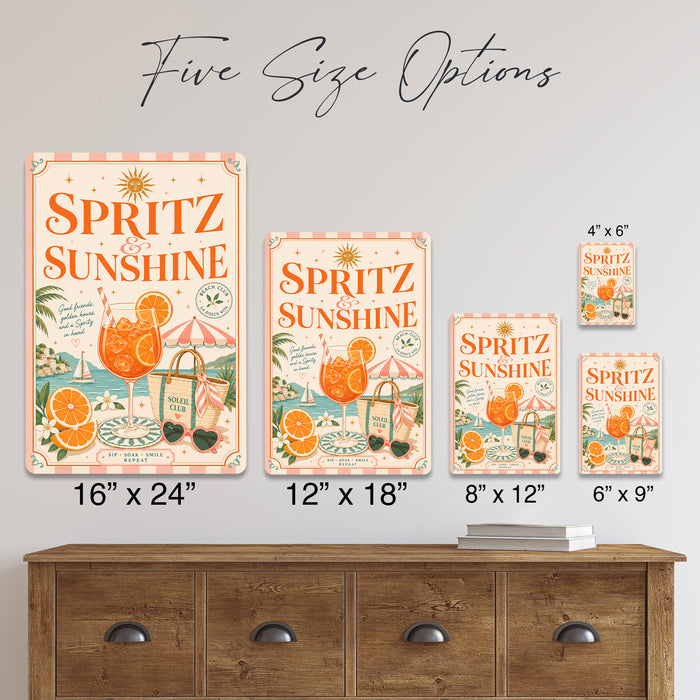 Spritz and Sunshine Beach Club Aperol metal sign with boho vintage italian aperitivo bar poster — Spritz and Sunshine Beach