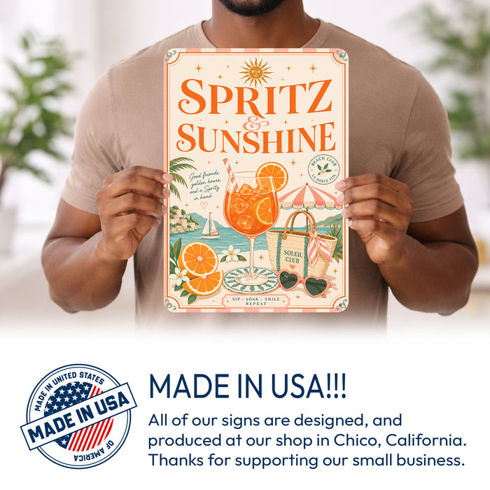 Spritz and Sunshine Beach Club Aperol metal sign with boho vintage italian aperitivo bar poster — Spritz and Sunshine Beach