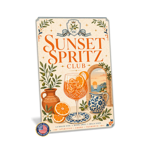 Sunset Spritz Club Italian Aperitivo metal sign with boho vintage italian aperitivo bar poster — Sunset Spritz Club Italian