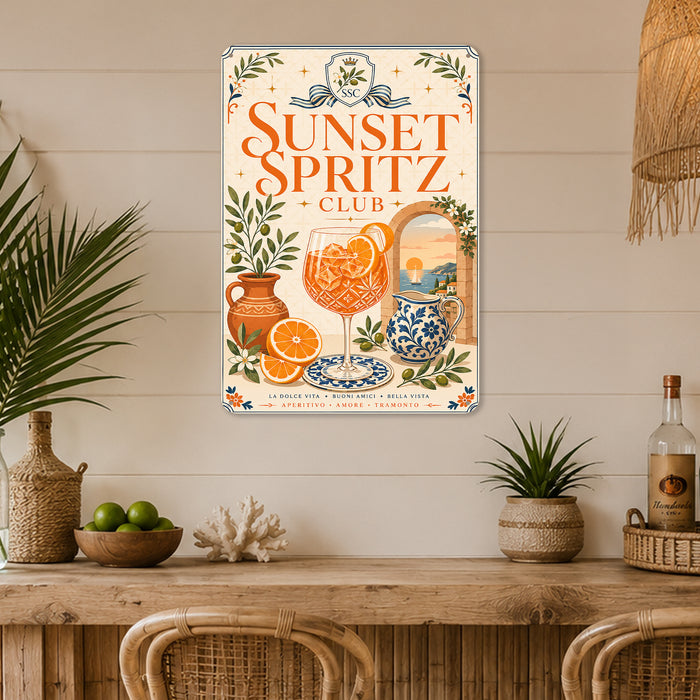 Sunset Spritz Club Italian Aperitivo metal sign with boho vintage italian aperitivo bar poster — Sunset Spritz Club Italian