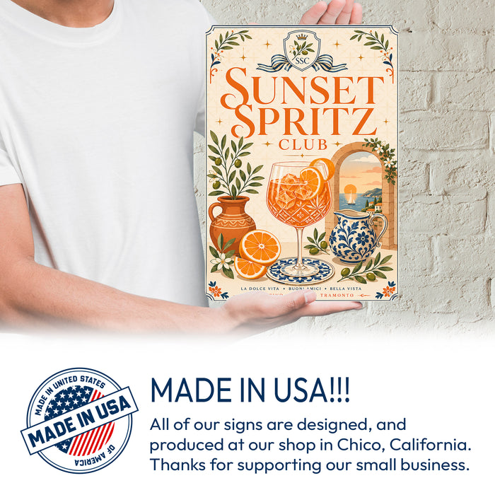 Sunset Spritz Club Italian Aperitivo metal sign with boho vintage italian aperitivo bar poster — Sunset Spritz Club Italian