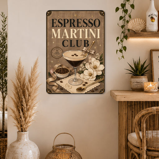Espresso Martini Club Cocktails Good Times metal sign with boho vintage elegant martini bar poster — Espresso Martini Club