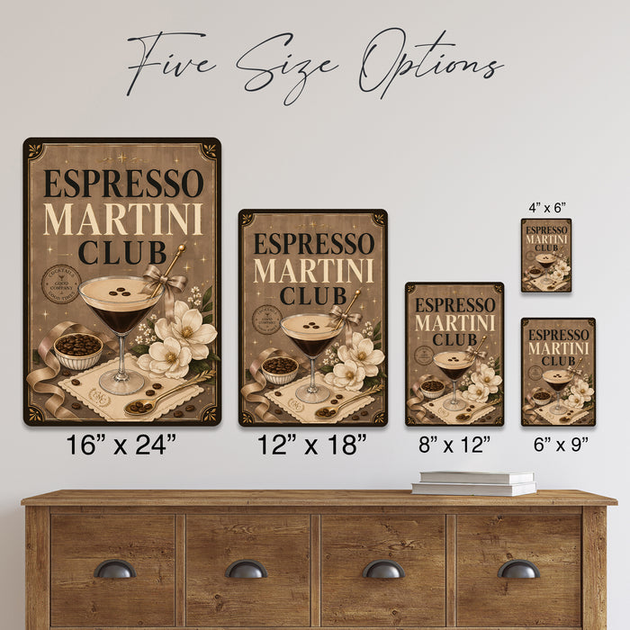 Espresso Martini Club Cocktails Good Times metal sign with boho vintage elegant martini bar poster — Espresso Martini Club