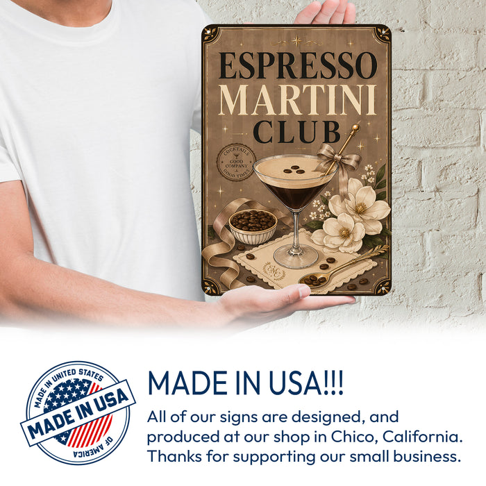 Espresso Martini Club Cocktails Good Times metal sign with boho vintage elegant martini bar poster — Espresso Martini Club