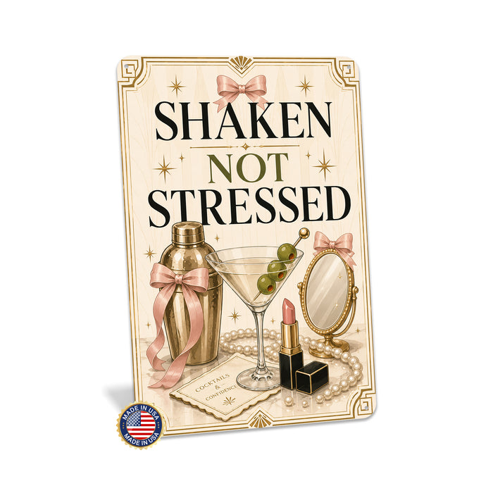 Shaken Not Stressed Cocktails and Confidence metal sign with boho vintage coquette martini bar poster — Shaken Not Stressed