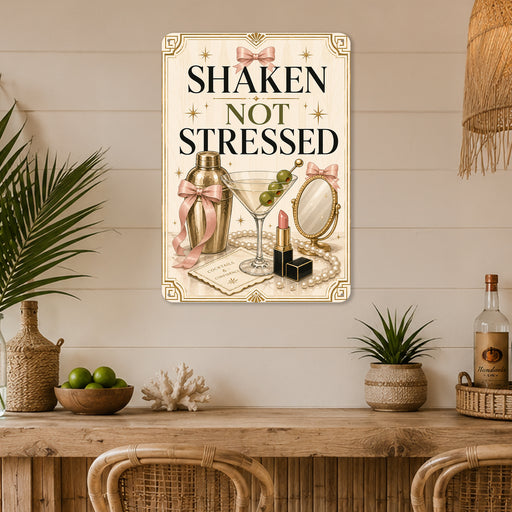 Shaken Not Stressed Cocktails and Confidence metal sign with boho vintage coquette martini bar poster — Shaken Not Stressed