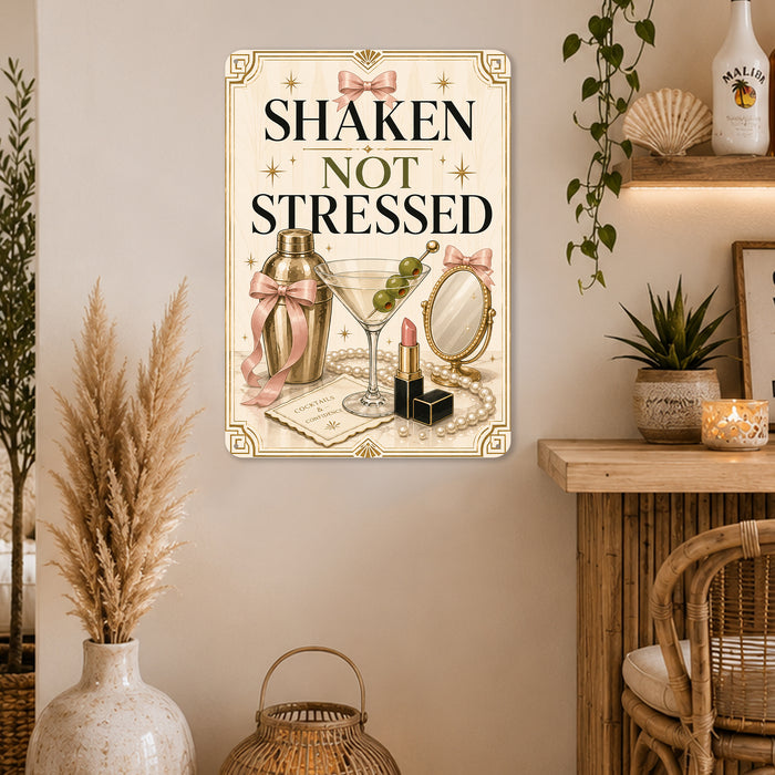 Shaken Not Stressed Cocktails and Confidence metal sign with boho vintage coquette martini bar poster — Shaken Not Stressed