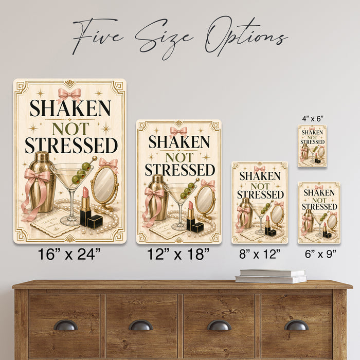 Shaken Not Stressed Cocktails and Confidence metal sign with boho vintage coquette martini bar poster — Shaken Not Stressed