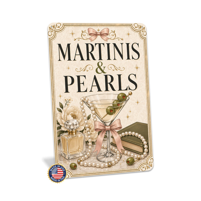 Martinis and Pearls Elegant Bar Sign metal sign with boho vintage coquette martini bar poster — Martinis and Pearls Elegant