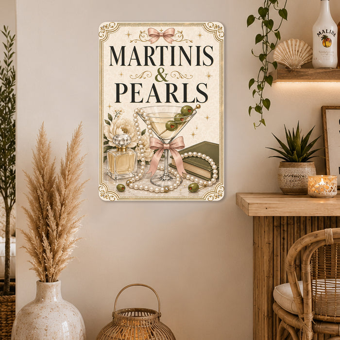 Martinis and Pearls Elegant Bar Sign metal sign with boho vintage coquette martini bar poster — Martinis and Pearls Elegant