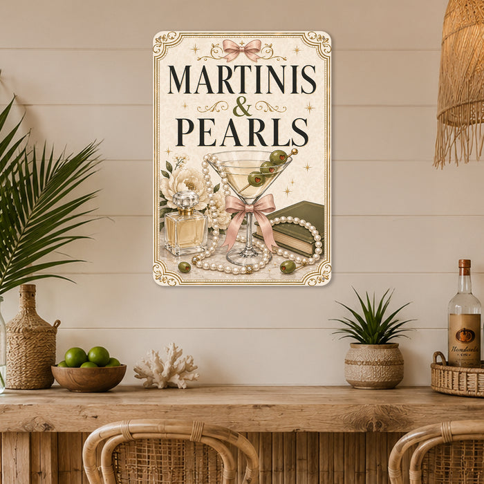 Martinis and Pearls Elegant Bar Sign metal sign with boho vintage coquette martini bar poster — Martinis and Pearls Elegant