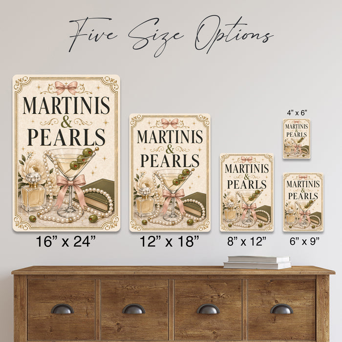 Martinis and Pearls Elegant Bar Sign metal sign with boho vintage coquette martini bar poster — Martinis and Pearls Elegant