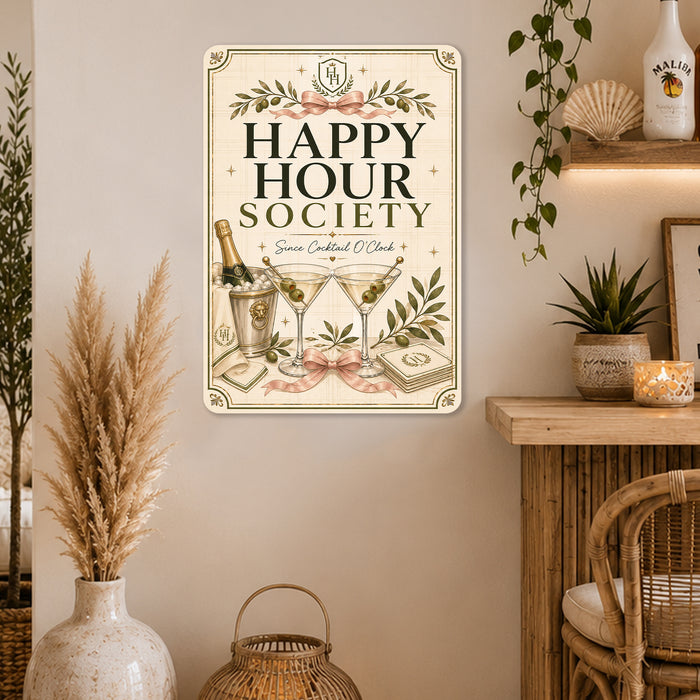 Happy Hour Society Since Cocktail O'Clock metal sign with boho vintage elegant martini bar poster — Happy Hour Society Since