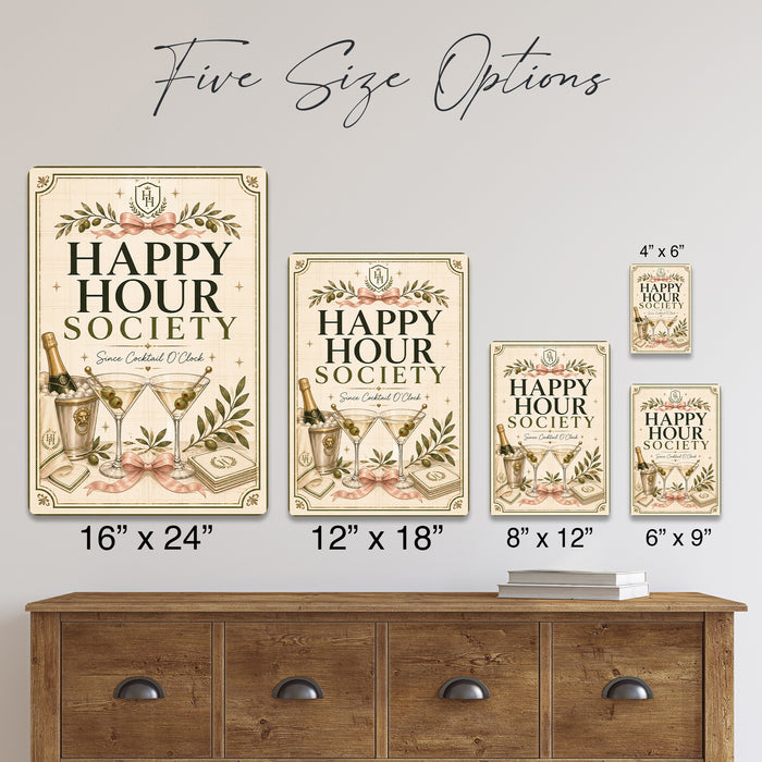 Happy Hour Society Since Cocktail O'Clock metal sign with boho vintage elegant martini bar poster — Happy Hour Society Since