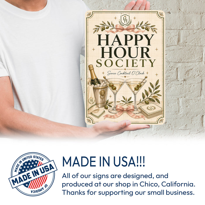 Happy Hour Society Since Cocktail O'Clock metal sign with boho vintage elegant martini bar poster — Happy Hour Society Since