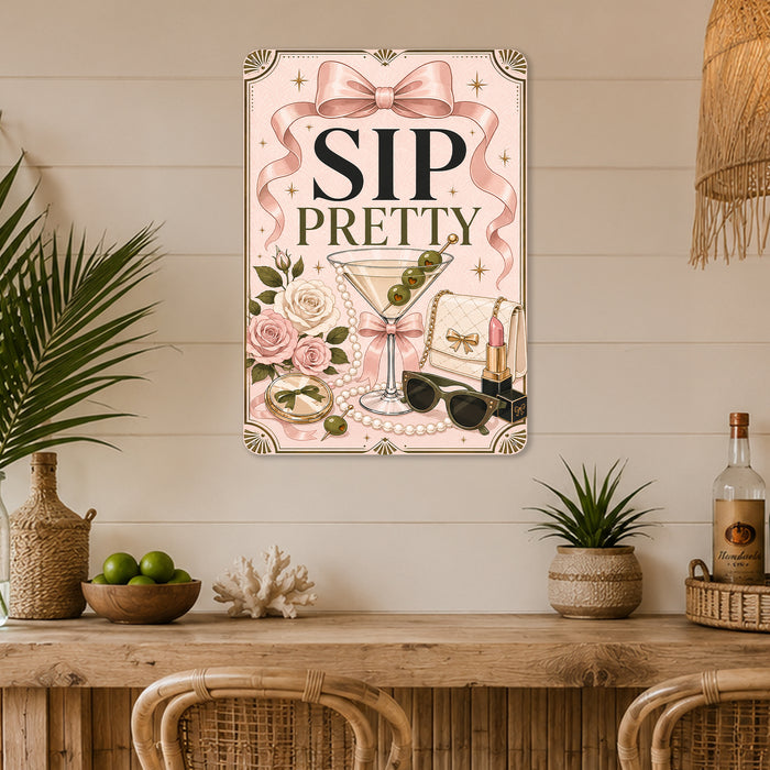 Sip Pretty Martini Cocktail Sign metal sign with boho vintage coquette martini bar poster — Sip Pretty Martini Cocktail Sign