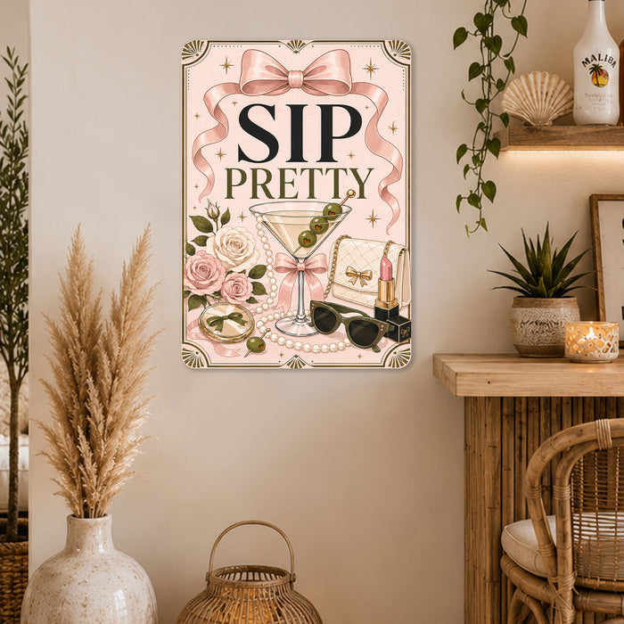 Sip Pretty Martini Cocktail Sign metal sign with boho vintage coquette martini bar poster — Sip Pretty Martini Cocktail Sign