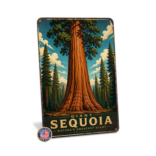 Giant Sequoia California metal sign with vintage travel-poster illustration of giant sequoia in California