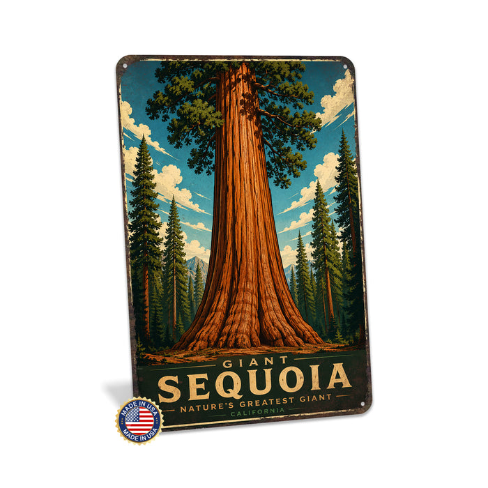 Giant Sequoia California metal sign with vintage travel-poster illustration of giant sequoia in California