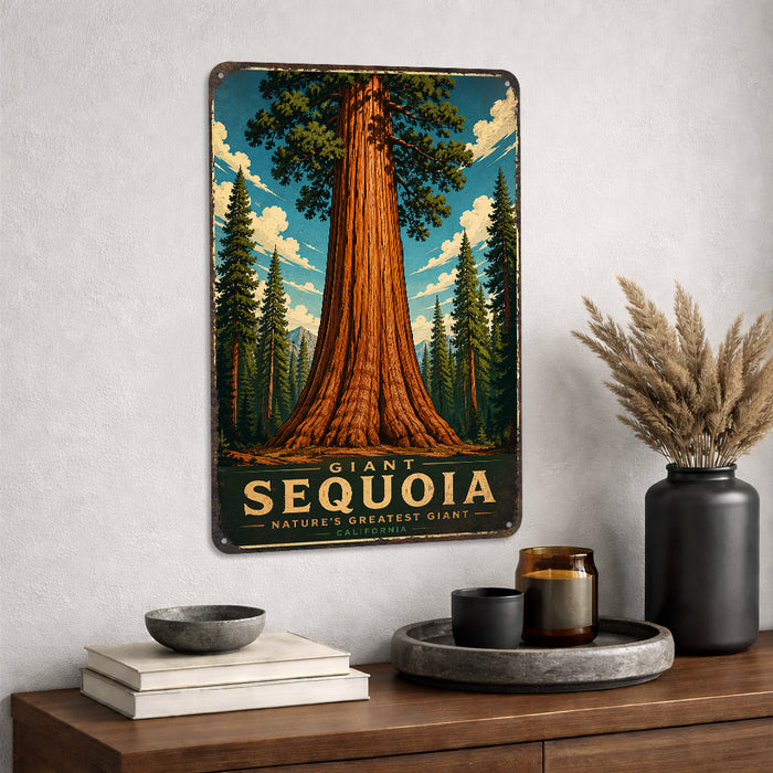 Giant Sequoia California metal sign with vintage travel-poster illustration of giant sequoia in California