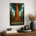 Giant Sequoia California metal sign with vintage travel-poster illustration of giant sequoia in California
