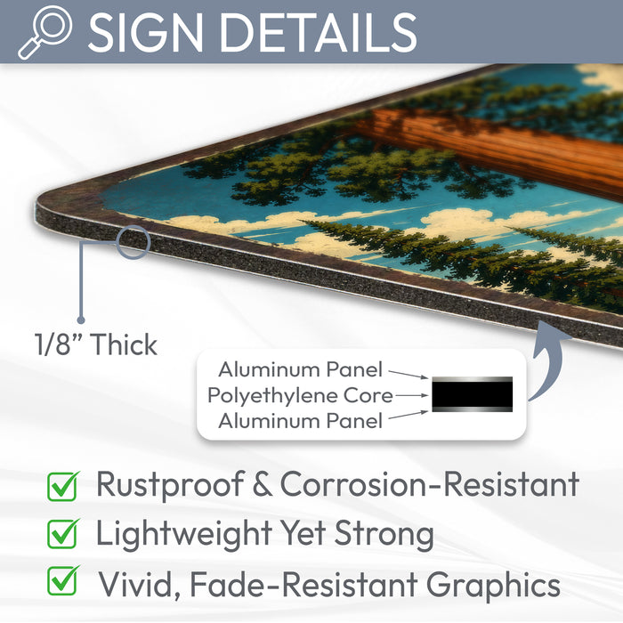 Giant Sequoia California metal sign with vintage travel-poster illustration of giant sequoia in California