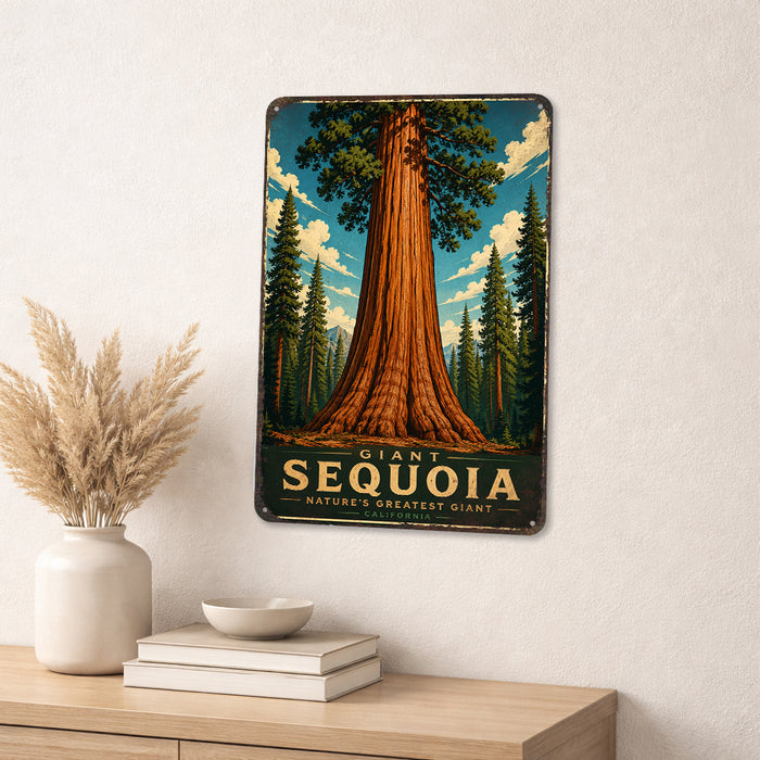 Giant Sequoia California metal sign with vintage travel-poster illustration of giant sequoia in California