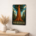 Giant Sequoia California metal sign with vintage travel-poster illustration of giant sequoia in California