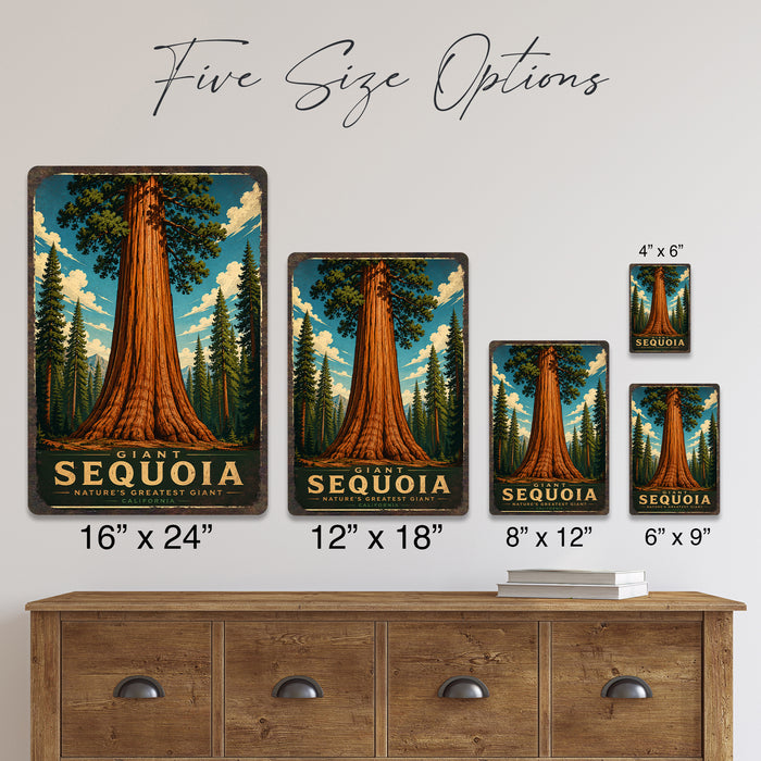 Giant Sequoia California metal sign with vintage travel-poster illustration of giant sequoia in California