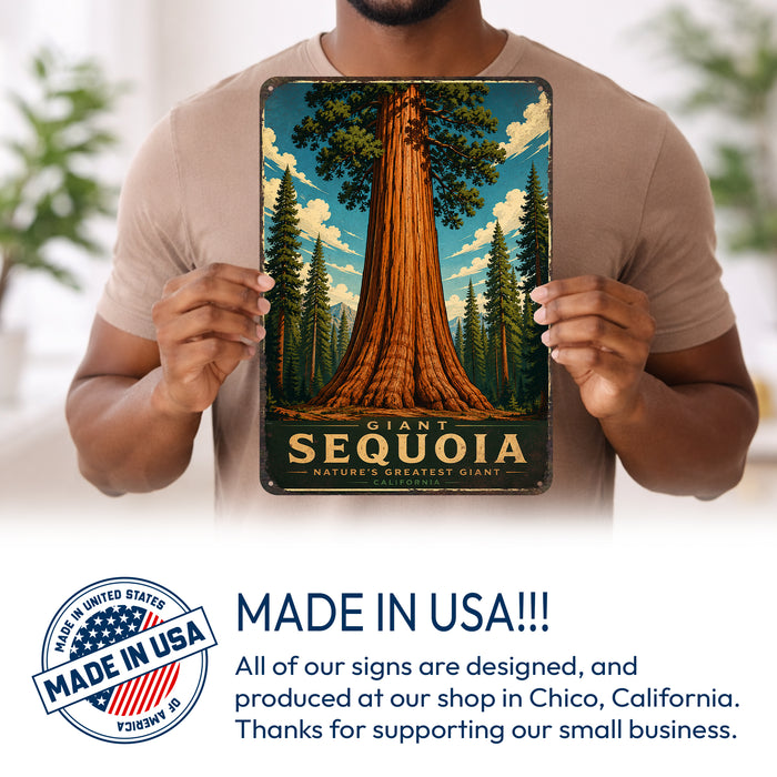 Giant Sequoia California metal sign with vintage travel-poster illustration of giant sequoia in California